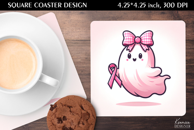 Cute Pink Ghost|Breast Cancer Awareness Square Coaster