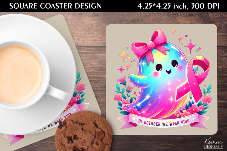 Neon Iridescent Ghost|Breast Cancer Awareness Square Coaster
