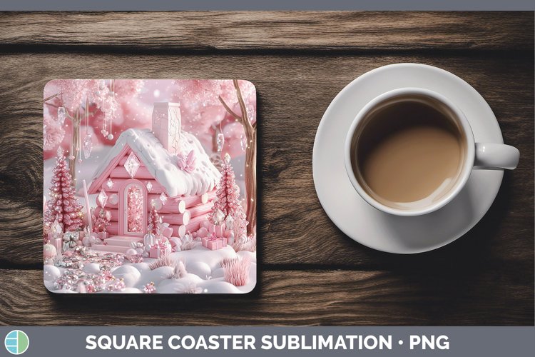 Pink 3D Christmas Cabin Square Coaster Sublimation Coaster D