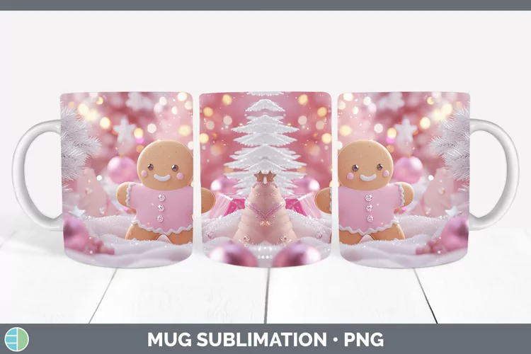 Pink 3D Christmas Gingerbread Man Mug Wrap Sublimation Coffe