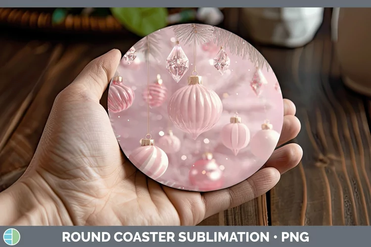 Pink 3D Christmas Ornaments Round Coaster Sublimation Coaste