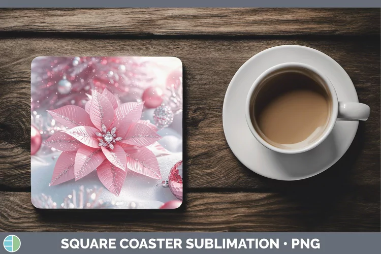 Pink 3D Christmas Poinsettia Square Coaster Sublimation Coas