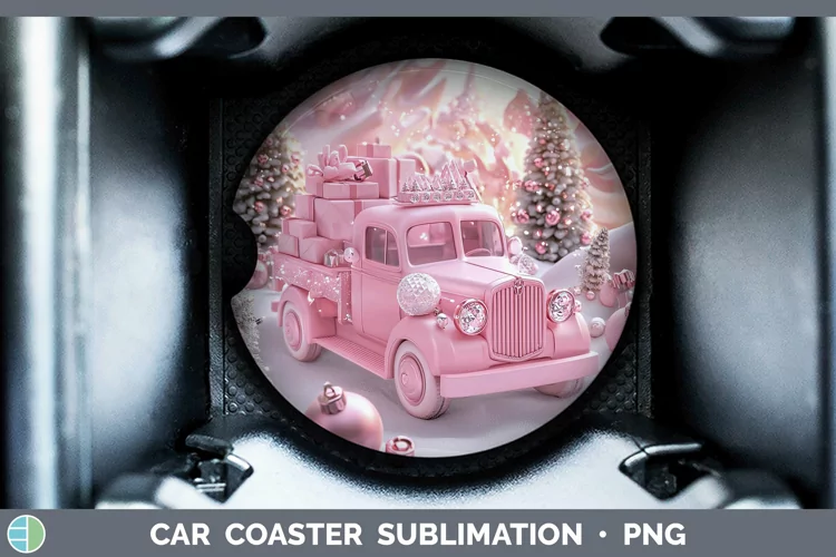 Pink 3D Christmas Vintage Truck Car Coaster Sublimation Des
