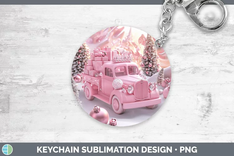 Pink 3D Christmas Vintage Truck Keychain Sublimation Keyring