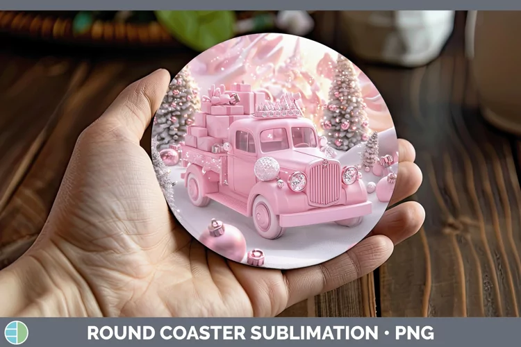 Pink 3D Christmas Vintage Truck Round Coaster Sublimation Co