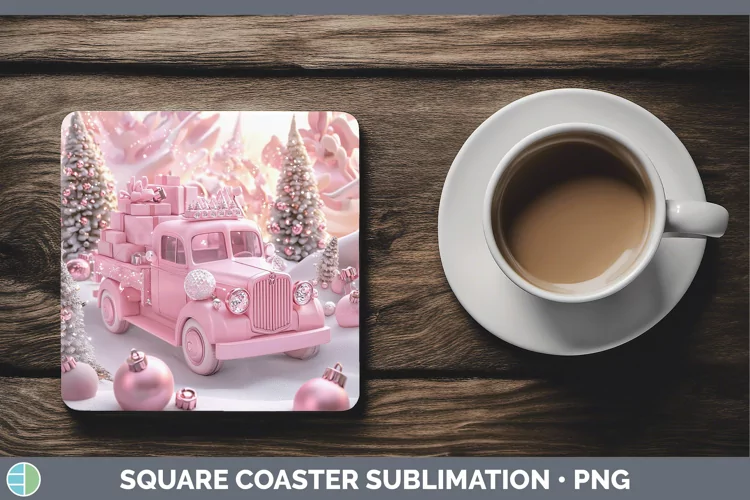 Pink 3D Christmas Vintage Truck Square Coaster Sublimation C