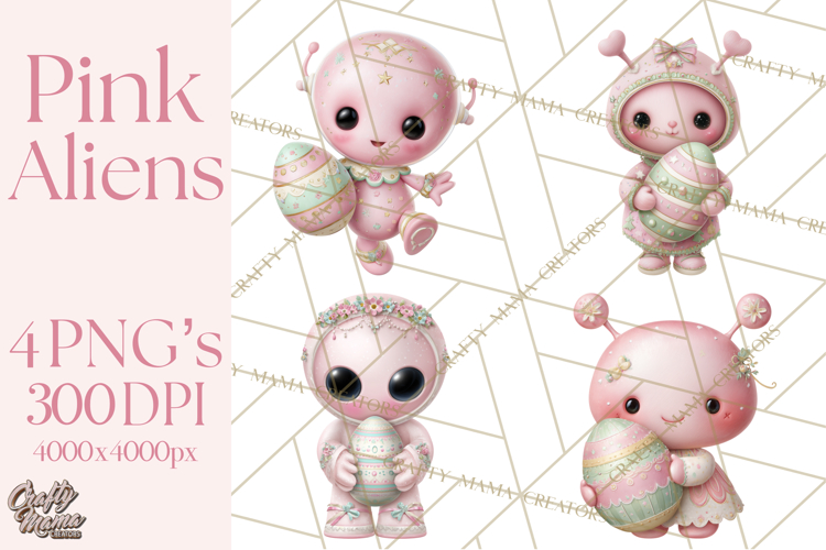 Alien Easter Clipart, Cute Pink Alien Easter Eggs, Soft Png