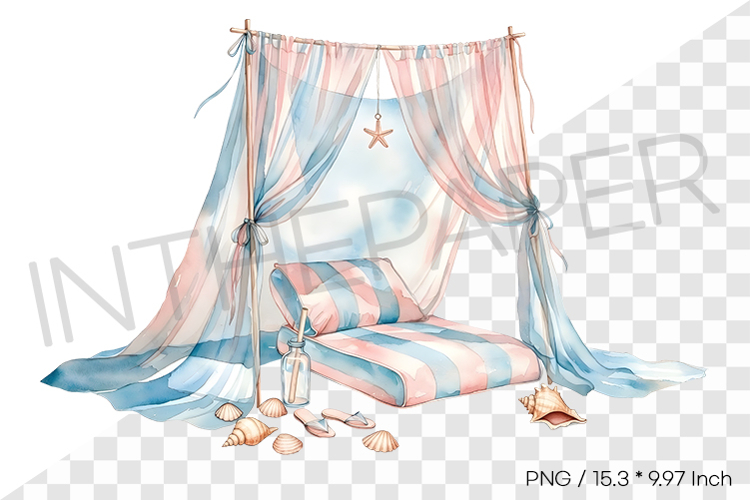 Summer Canopy Bed Tent on Sand Beach PNG Clipart Watercolor