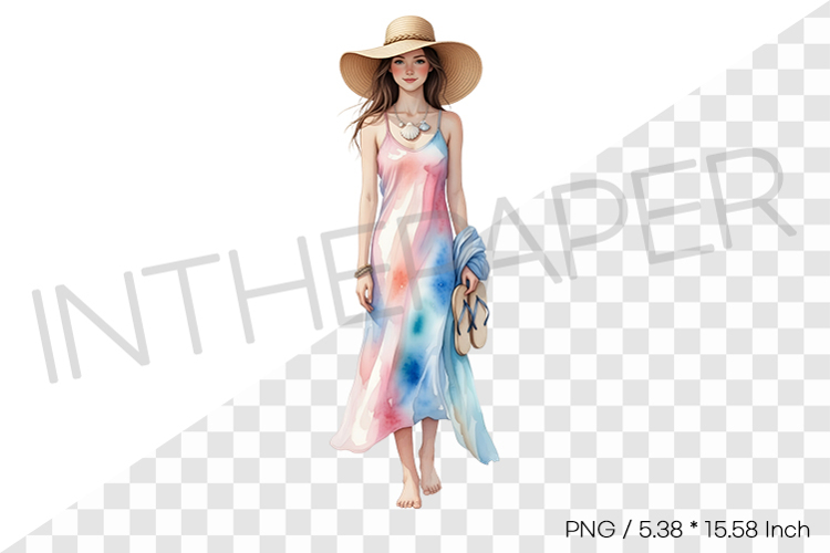 Woman in Long Dress Walking in Summer PNG Clipart Watercolor