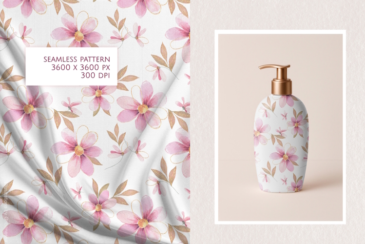 Pink and Gold Watercolor Floral Seamless Pattern