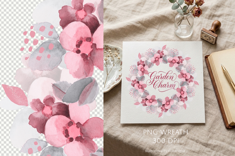 Pink and Grey Watercolor Floral Wreath PNG