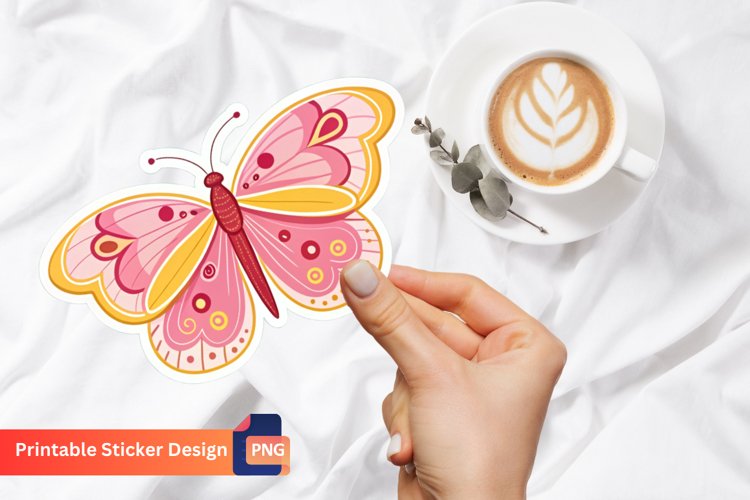 Pink and Yellow Butterfly Sticker, Colorful Butterfly Art