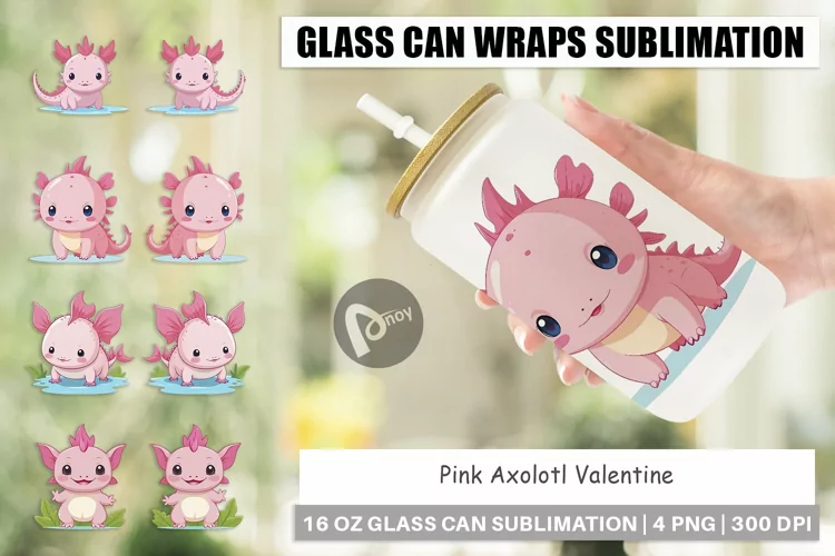 Glass Can Wraps Pink Axolotl Valentine