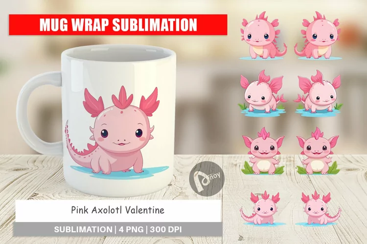 Mug Wrap Design Pink Axolotl Valentine