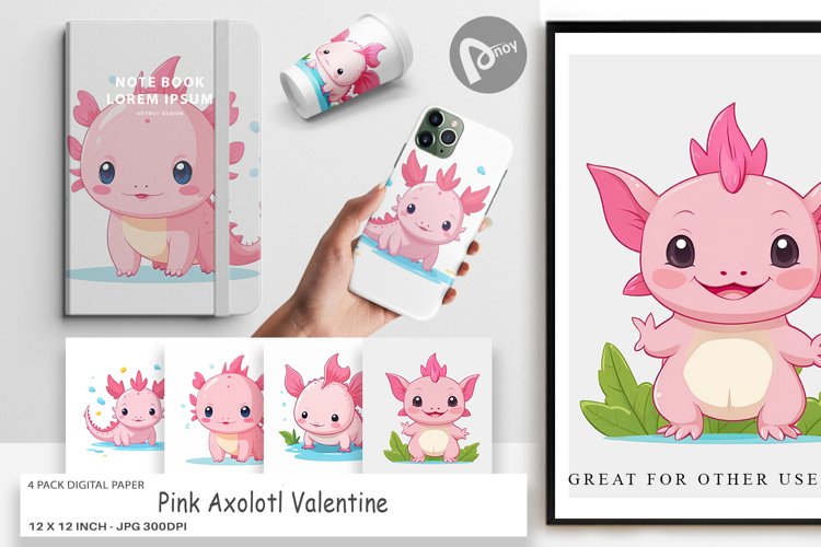Digital Paper Pink Axolotl Valentine