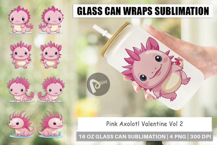 Glass Can Wraps Pink Axolotl Valentine example image 1