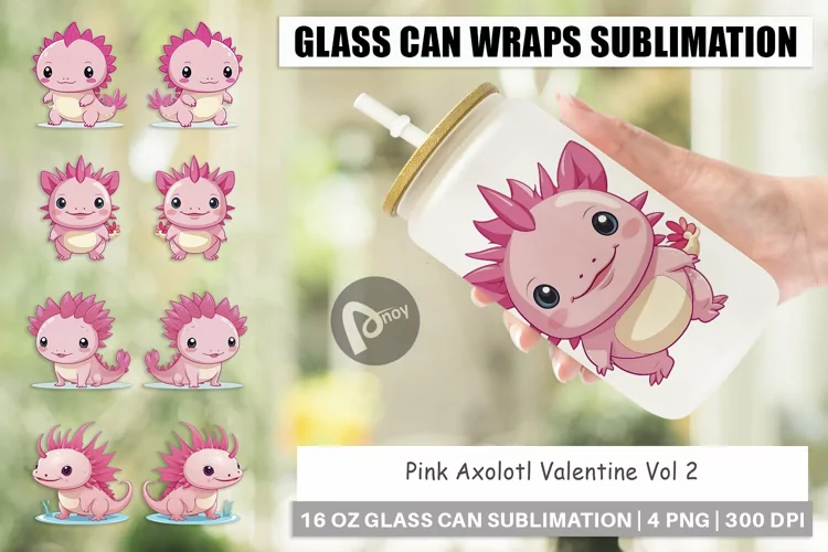 Glass Can Wraps Pink Axolotl Valentine