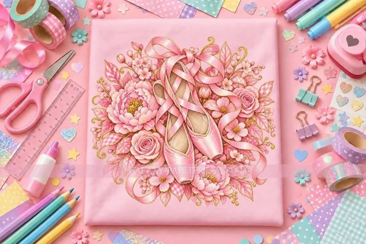 Pink Ballet Pointe Shoes PNG with Flowers and Ribbons