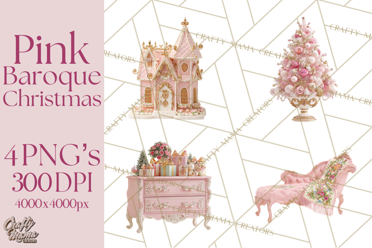 Rococo Christmas Clipart PNG, Pink and Gold Holiday Decor