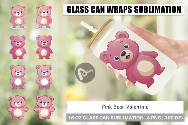 Glass Can Wraps Pink Bear Valentine