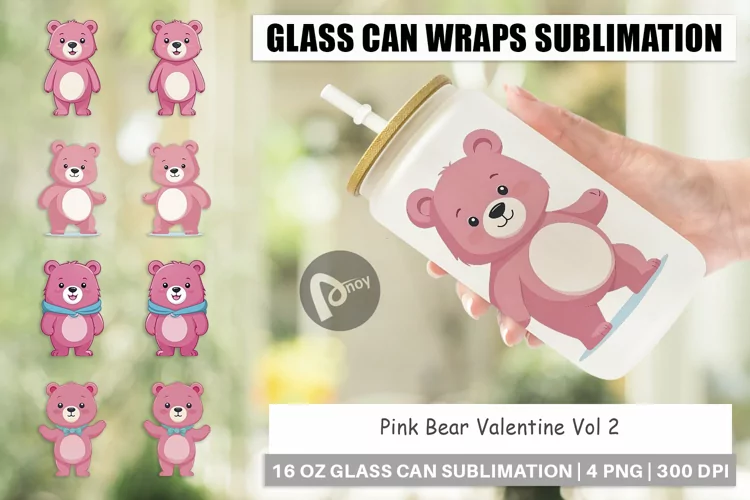Glass Can Wraps Pink Bear Valentine