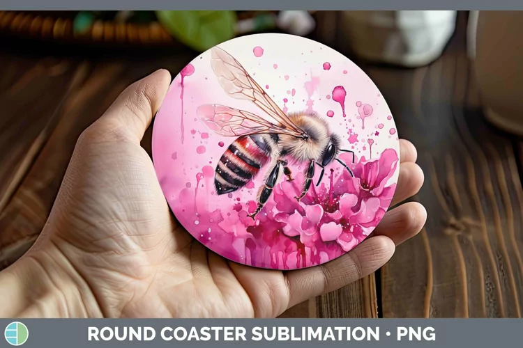 Pink Bee Round Coaster Sublimation Coaster Designs