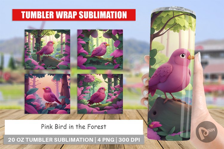 Tumbler Sublimation Wrap Pink Bird in the Forest example image 1