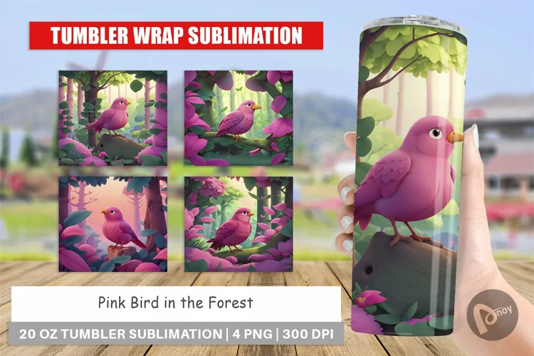 Tumbler Sublimation Wrap Pink Bird in the Forest