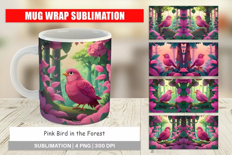Mug sublimation design Pink Bird in the Forest