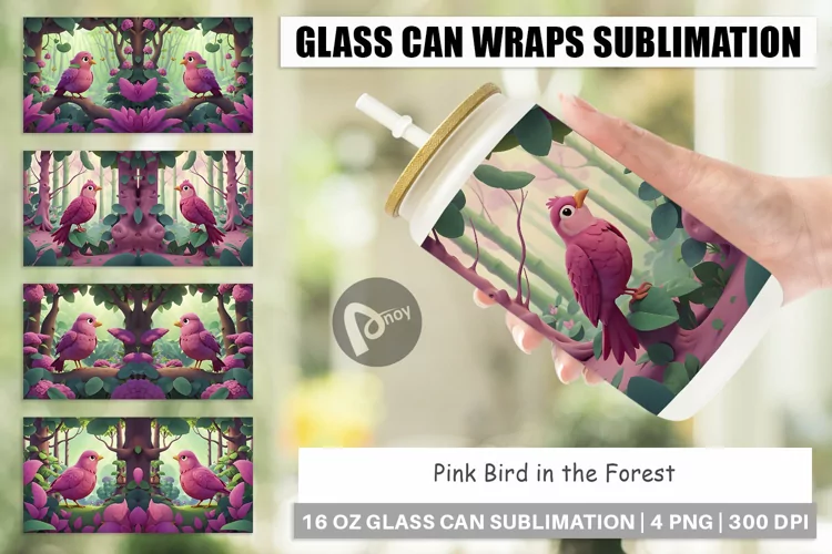 Glass Can Wraps Pink Bird in the Forest