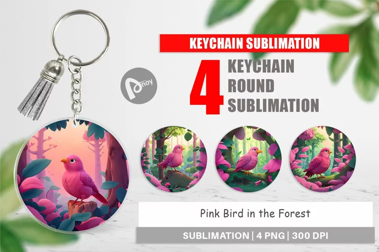 Keychain Pink Bird in the Forest