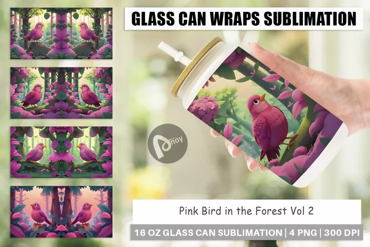 Glass Can Wraps Pink Bird in the Forest