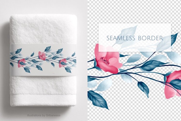 Pink Blossom and Teal Leaf Floral Border PNG example image 1