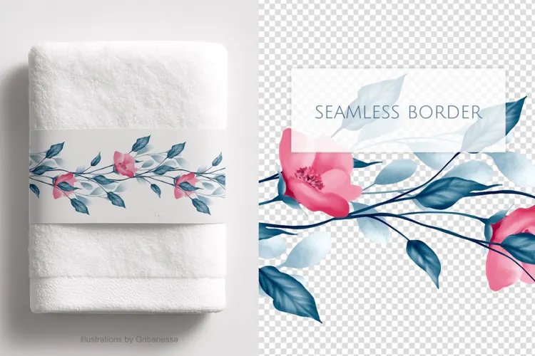 Pink Blossom and Teal Leaf Floral Border PNG