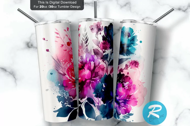 Pink Blue Ombre Watercolor Florals 20oz/30oz Skinny Tumbler