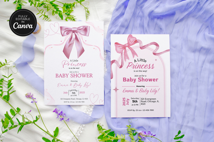 Editable Pink Bow Baby Shower Invitation Canva Template