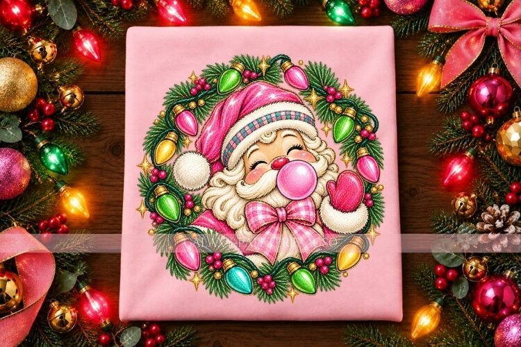 Pink Bubblegum Santa PNG with Christmas Light Wreath example image 1