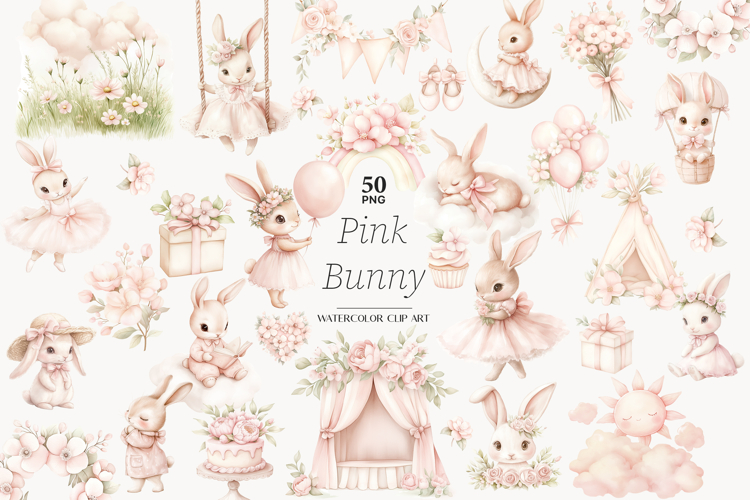 Pink Bunny Clipart | Ballerina Rabbit PNG for Baby Shower