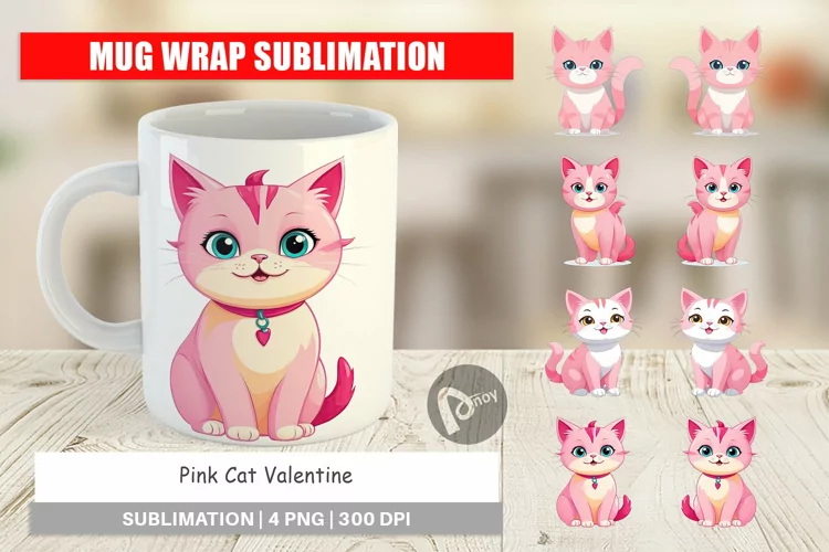 Mug Wrap Design Pink Cat Valentine