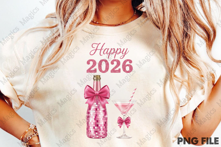 Pink Champagne Happy 2026 New Year PNG