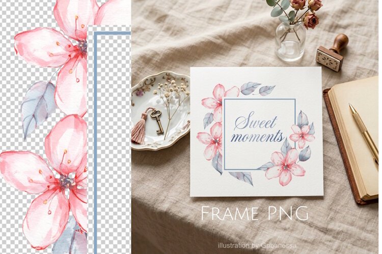 Pink Cherry Blossom Floral Frame PNG example image 1