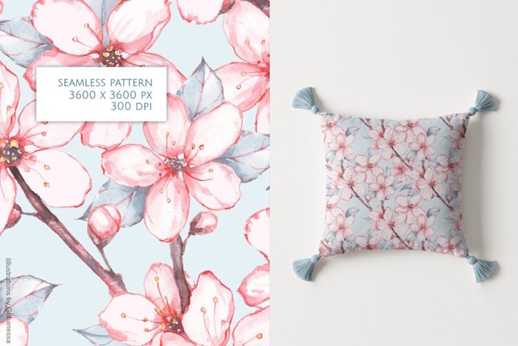 Pink Cherry Blossom Watercolor Seamless Pattern example image 1