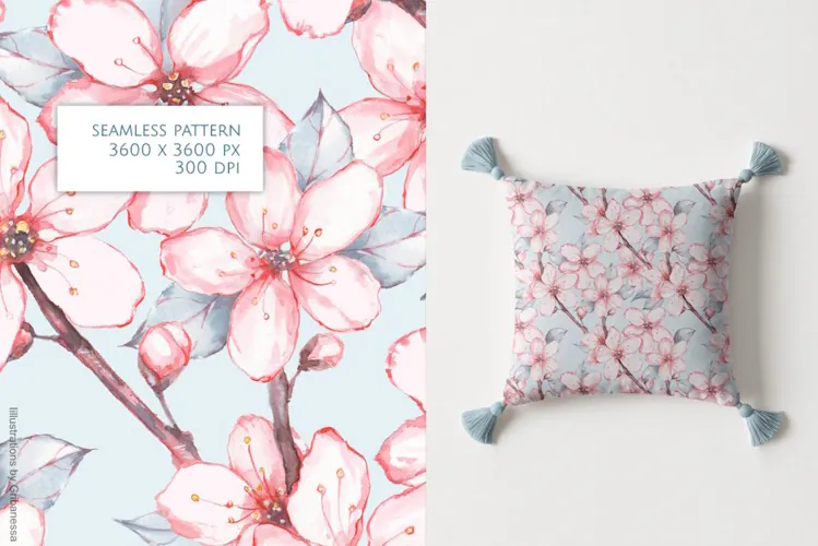 Pink Cherry Blossom Watercolor Seamless Pattern