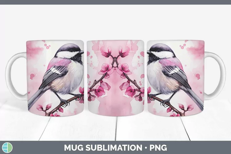 Pink Chickadee Mug Wrap Sublimation Coffee Cup Designs