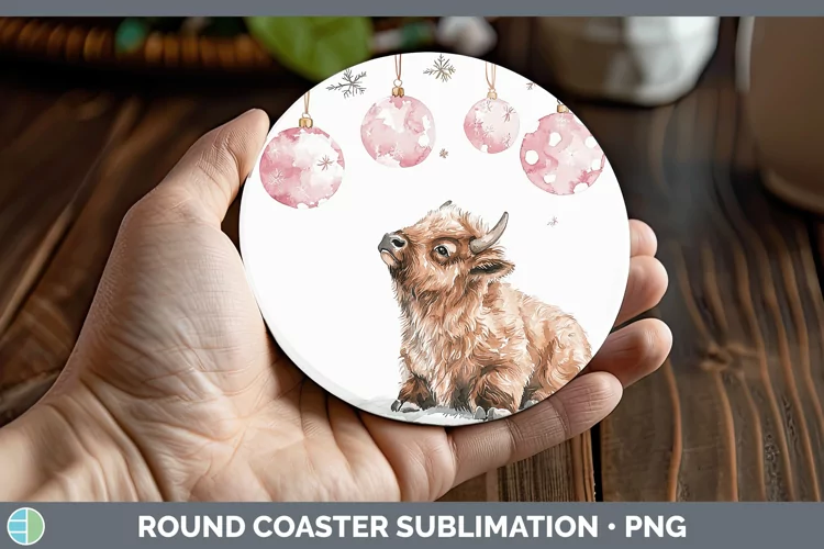 Pink Christmas Bison Round Coaster Sublimation Coaster Desig