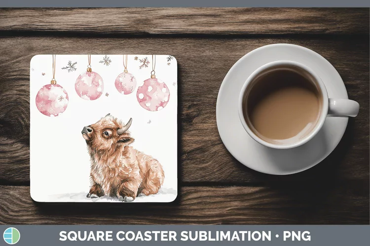 Pink Christmas Bison Square Coaster Sublimation Coaster Desi