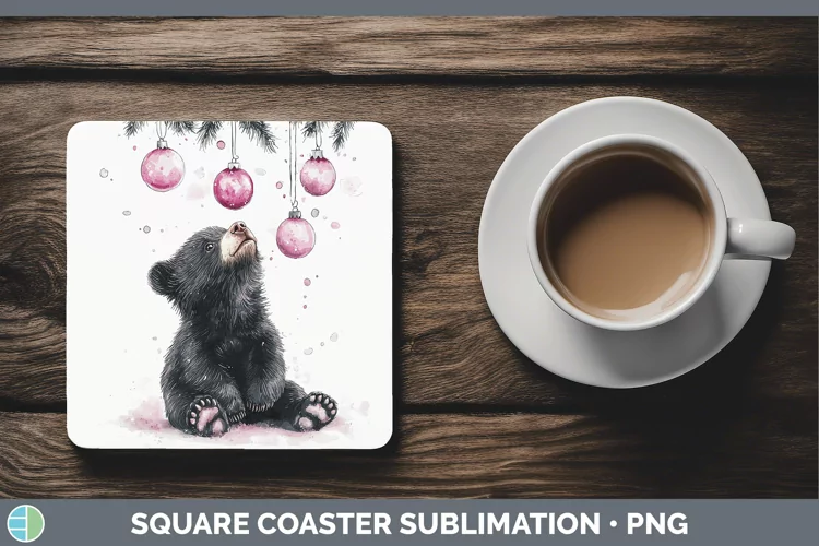 Pink Christmas Black Bear Square Coaster Sublimation Coaster