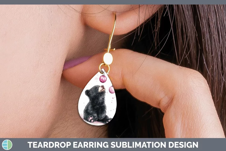 Pink Christmas Black Bear Teardrop Earrings Sublimation Earr
