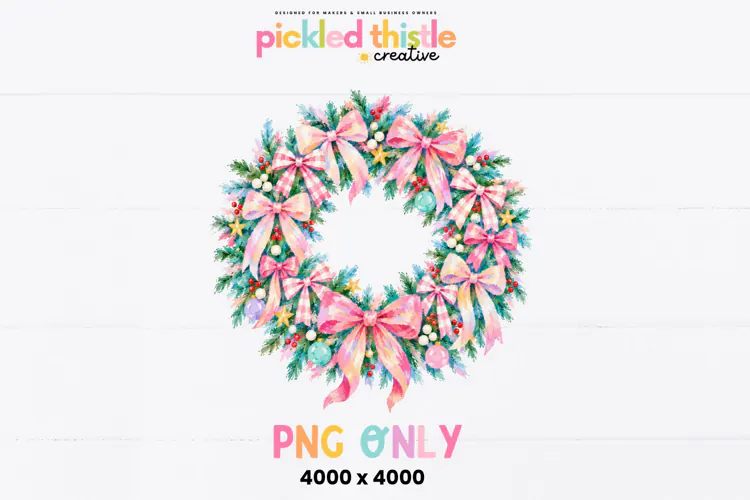Pastel Christmas Wreath PNG, Pink Bow Holiday Wreath