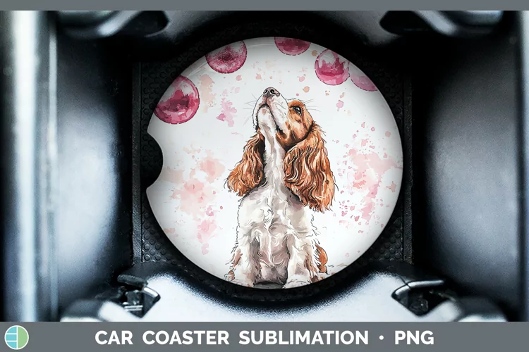 Pink Christmas Cocker Spaniel Car Coaster Sublimation Desig